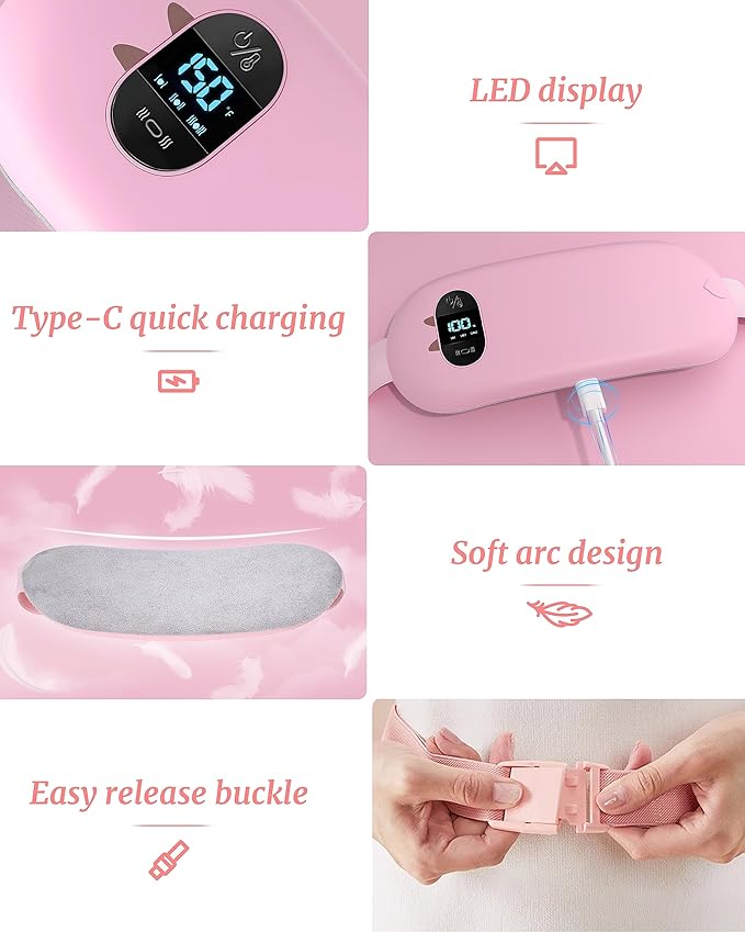 Portable Heating Pad, Period Heat Belt with 3 Temperature Adjustable and Vibration Modes, Heat Belt Period Relief from Back, Abdominal and Stomach Pain (Pink)