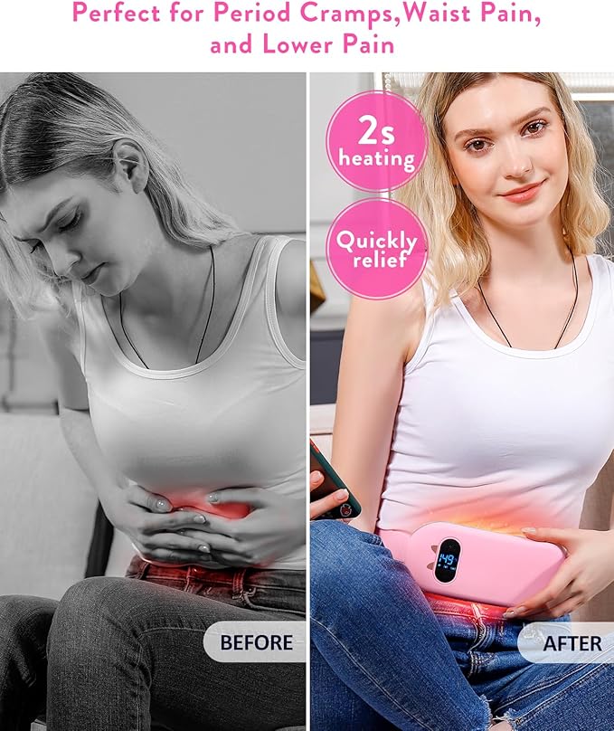 Portable Heating Pad, Period Heat Belt with 3 Temperature Adjustable and Vibration Modes, Heat Belt Period Relief from Back, Abdominal and Stomach Pain (Pink)